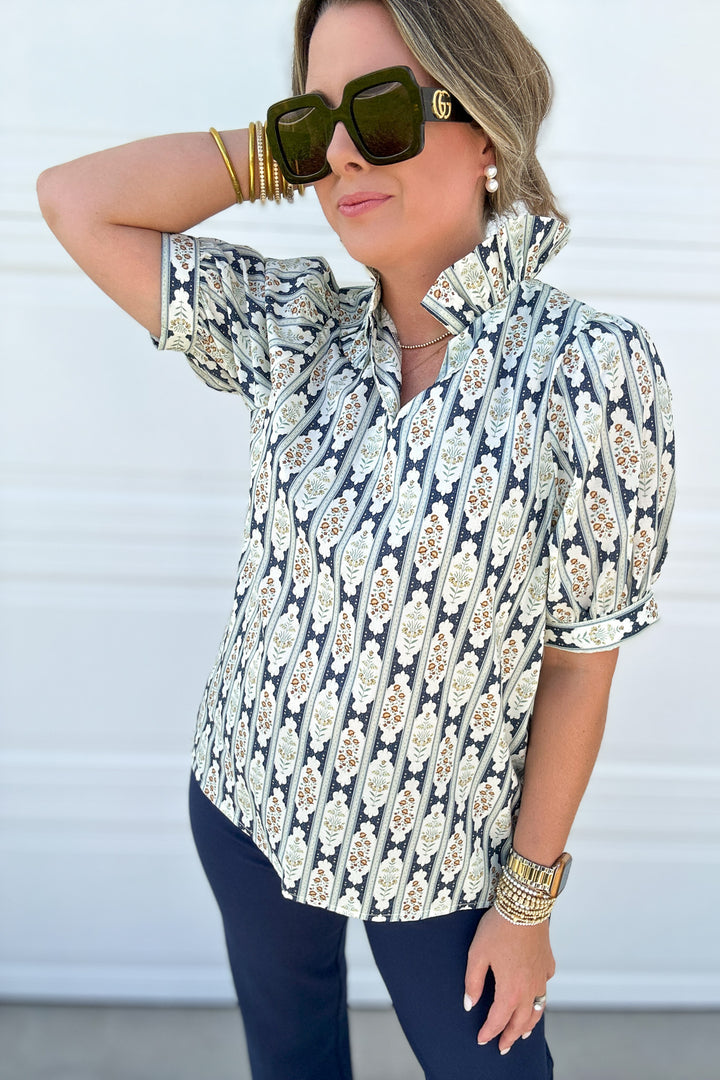 Medallion Dream Ruffle Top - Navy