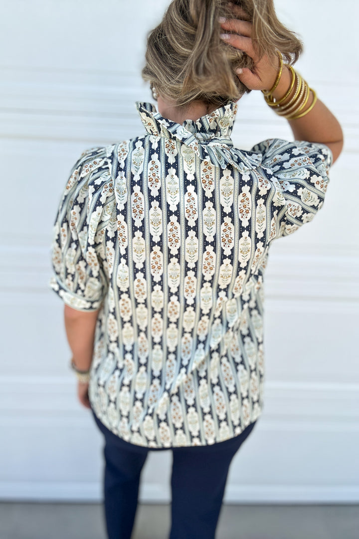 Medallion Dream Ruffle Top - Navy