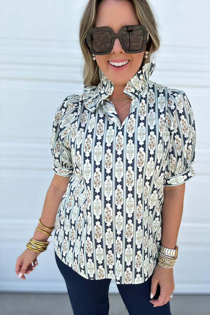 Medallion Dream Ruffle Top - Navy