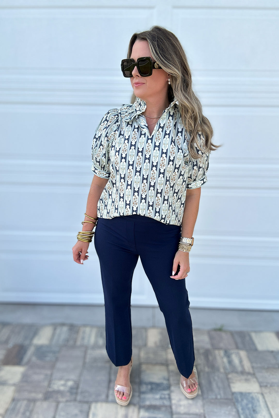 Medallion Dream Ruffle Top - Navy