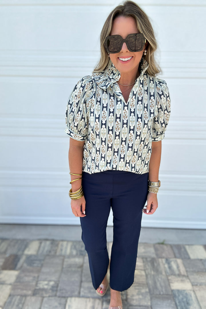 Medallion Dream Ruffle Top - Navy