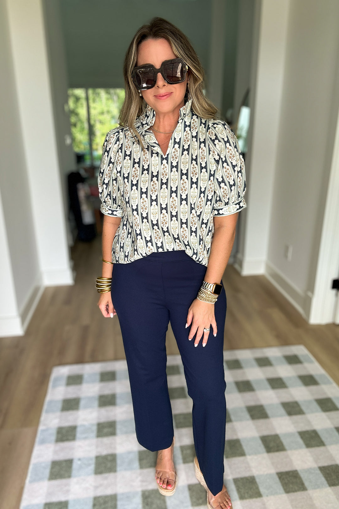 Medallion Dream Ruffle Top - Navy