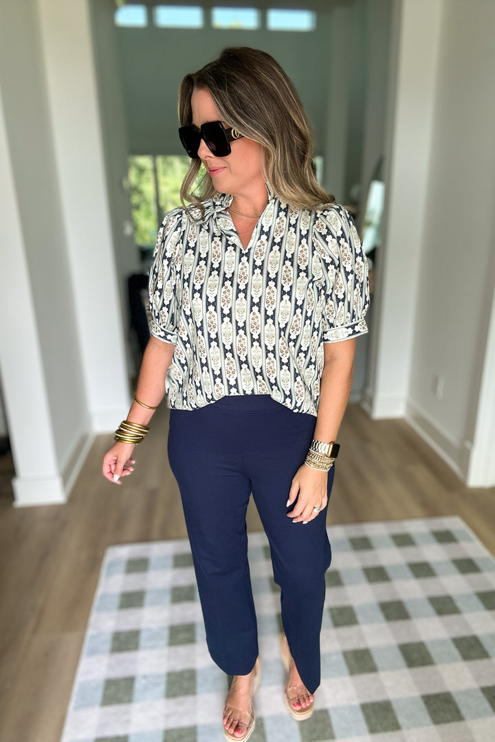 Medallion Dream Ruffle Top - Navy
