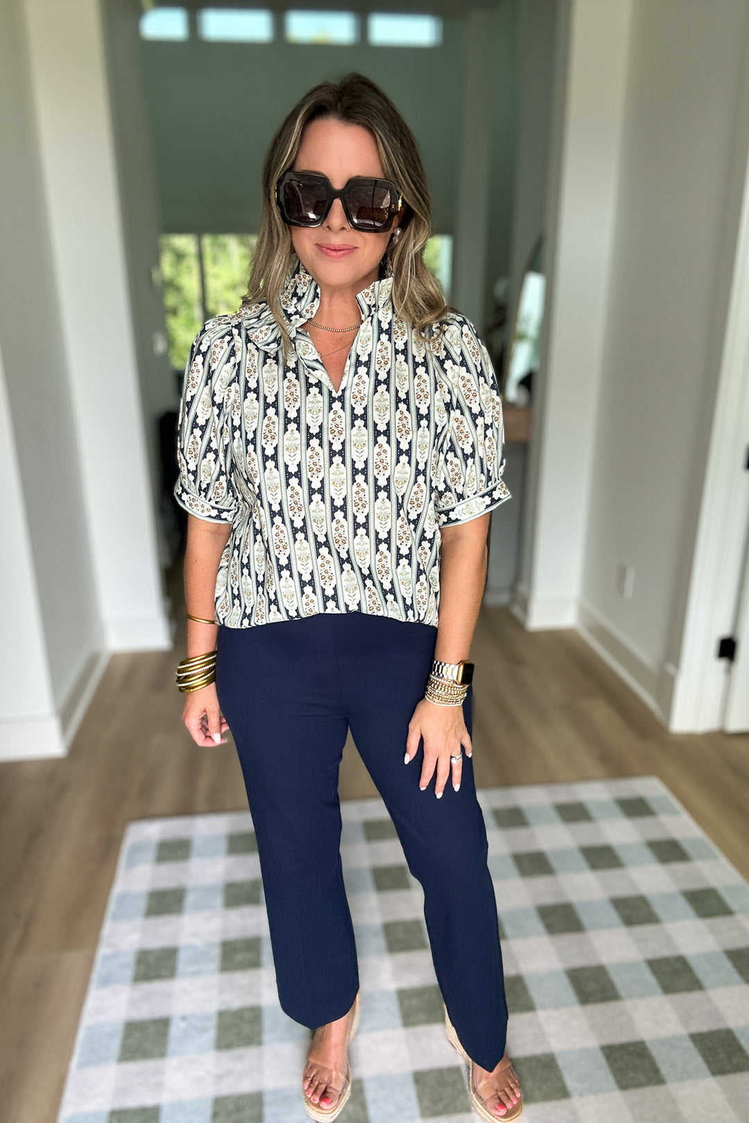 Medallion Dream Ruffle Top - Navy