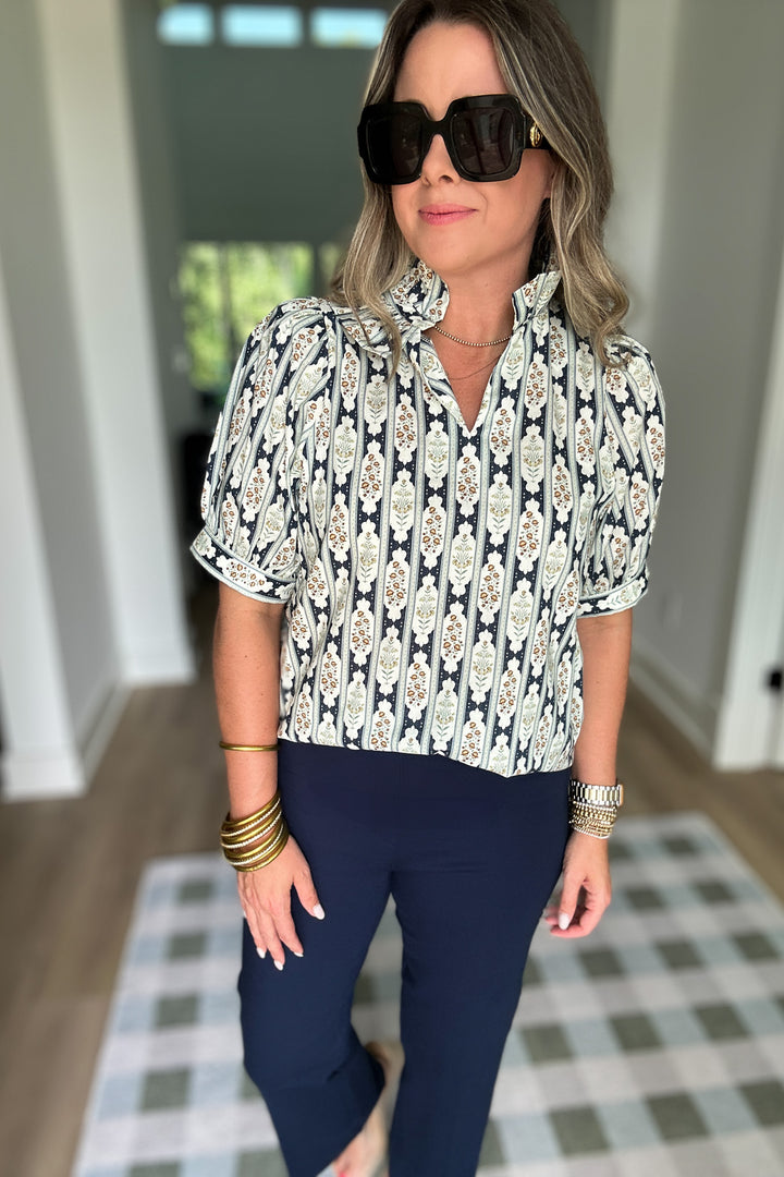 Medallion Dream Ruffle Top - Navy