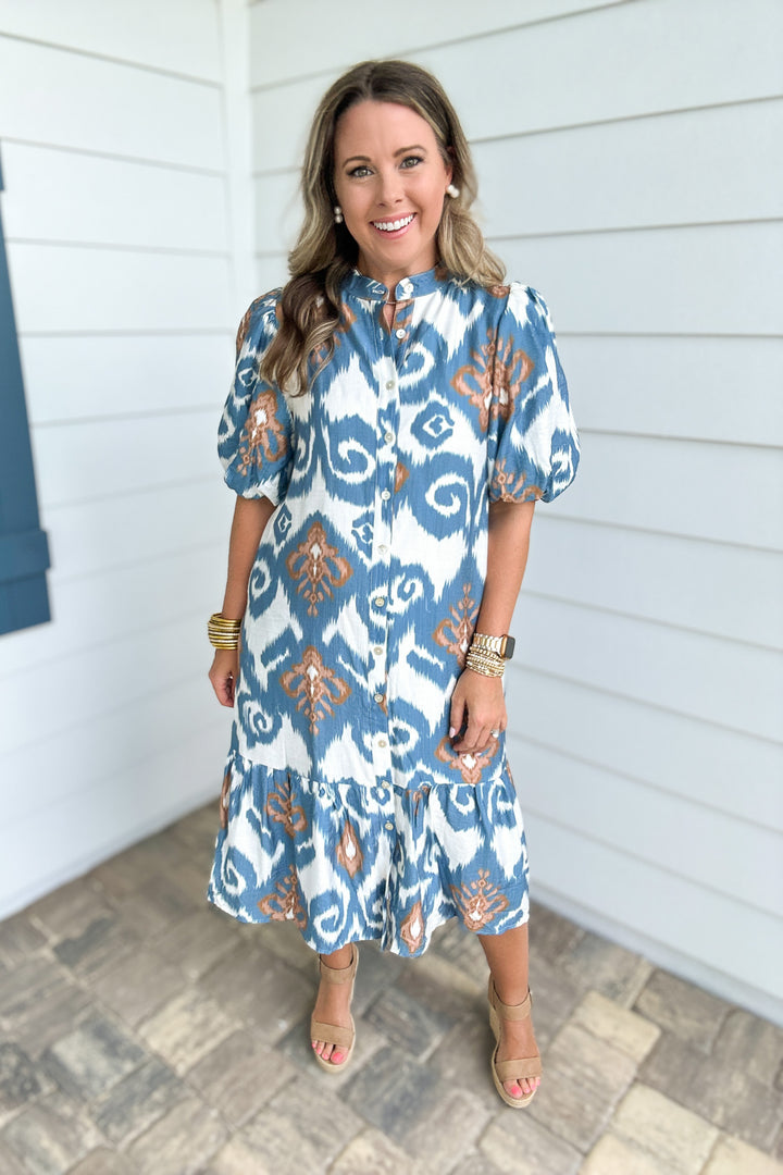 THML: Fall Breeze Ikat Midi Dress - Blue
