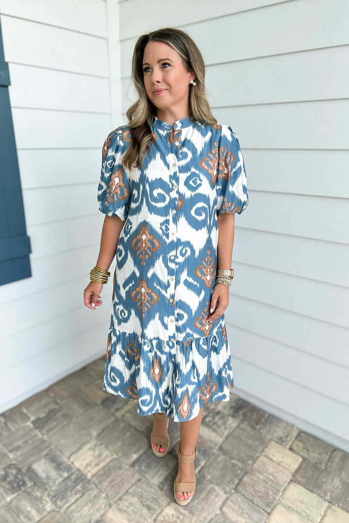 THML: Fall Breeze Ikat Midi Dress - Blue