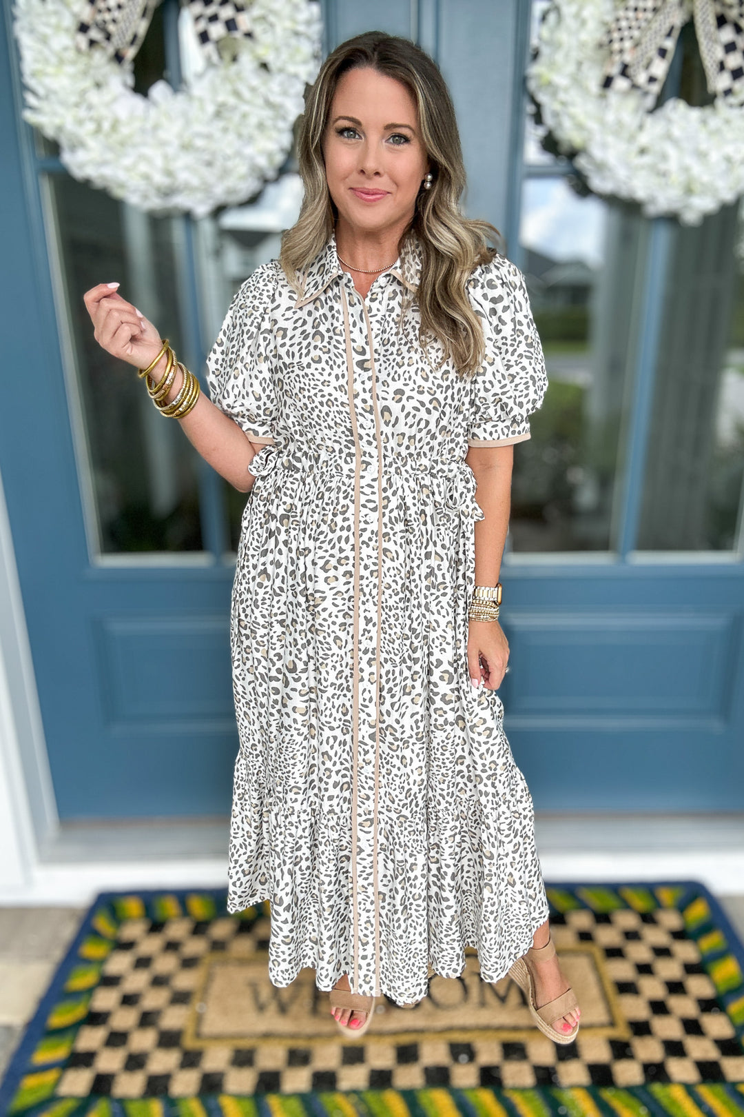 Snow Leopard Tie Mid Dress - Cream