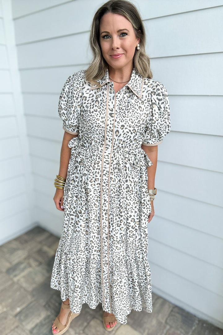 Snow Leopard Tie Mid Dress - Cream