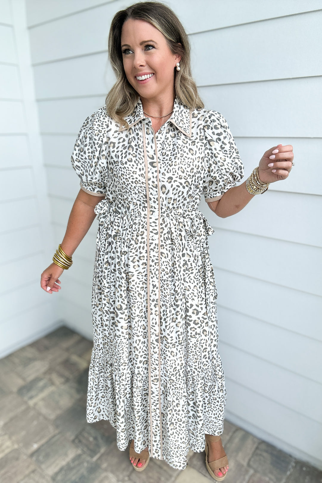 Snow Leopard Tie Mid Dress - Cream