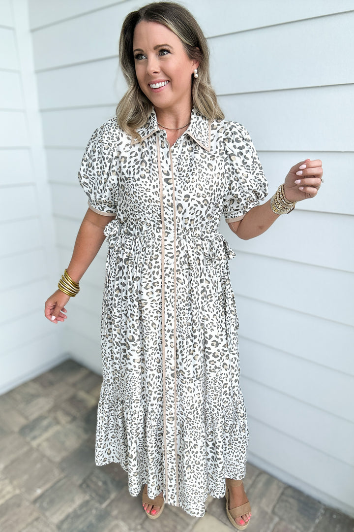 Snow Leopard Tie Mid Dress - Cream