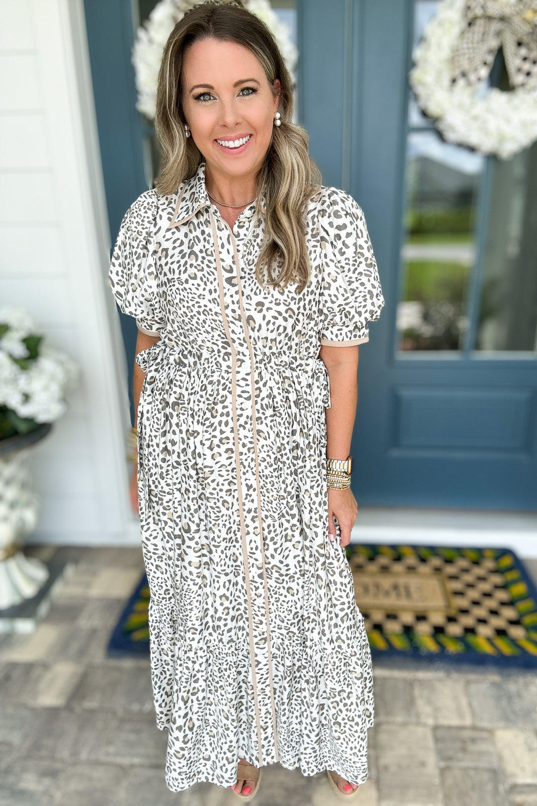 Snow Leopard Tie Mid Dress - Cream
