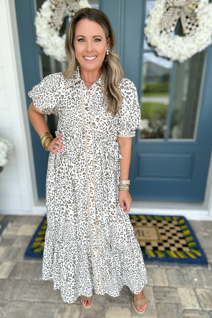 Snow Leopard Tie Mid Dress - Cream