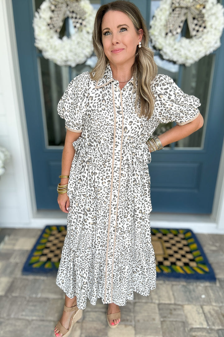 Snow Leopard Tie Mid Dress - Cream