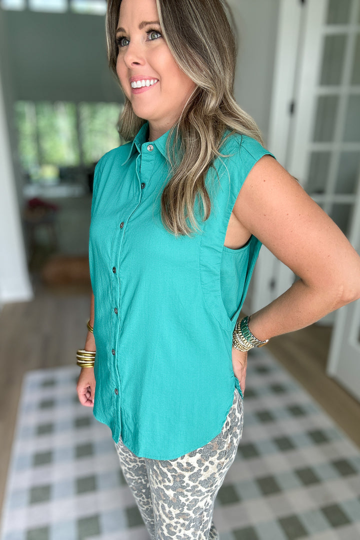 Jax Button Front Tank - Teal