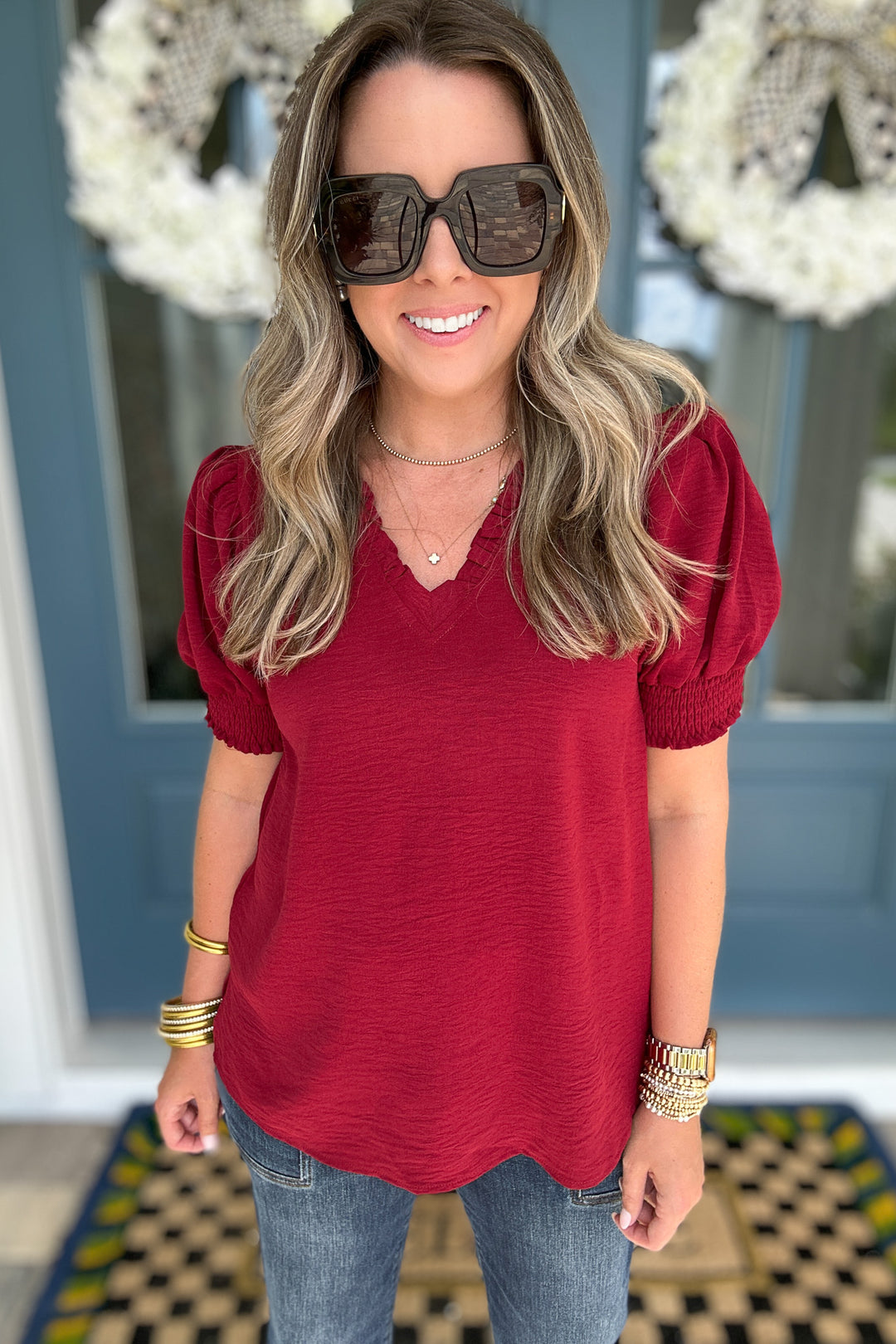 Third Down V-Neck Ruffle Top - Burgundy