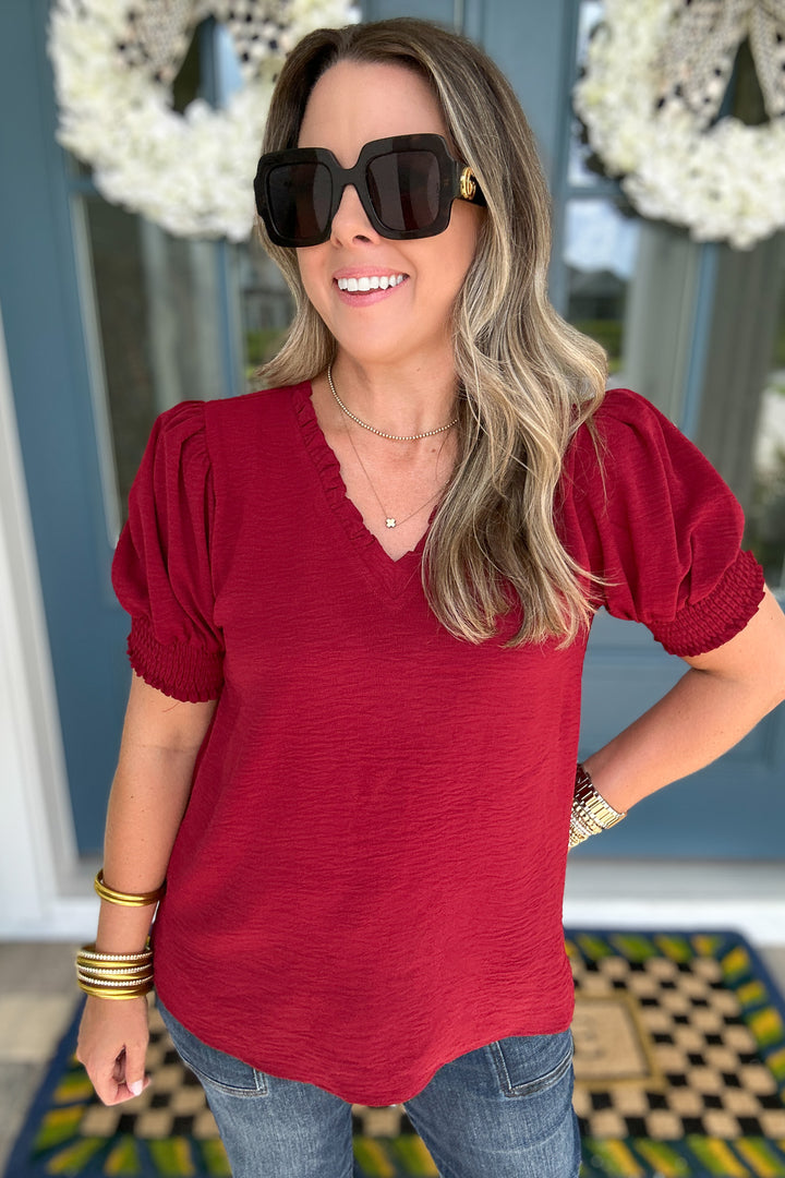 Third Down V-Neck Ruffle Top - Burgundy