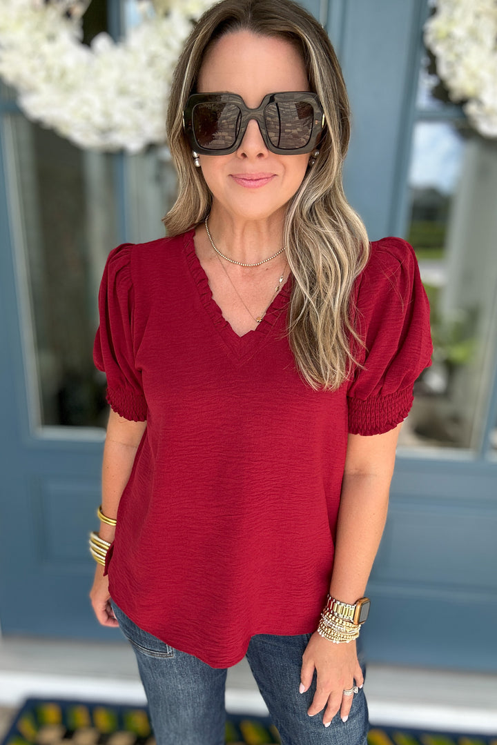 Third Down V-Neck Ruffle Top - Burgundy