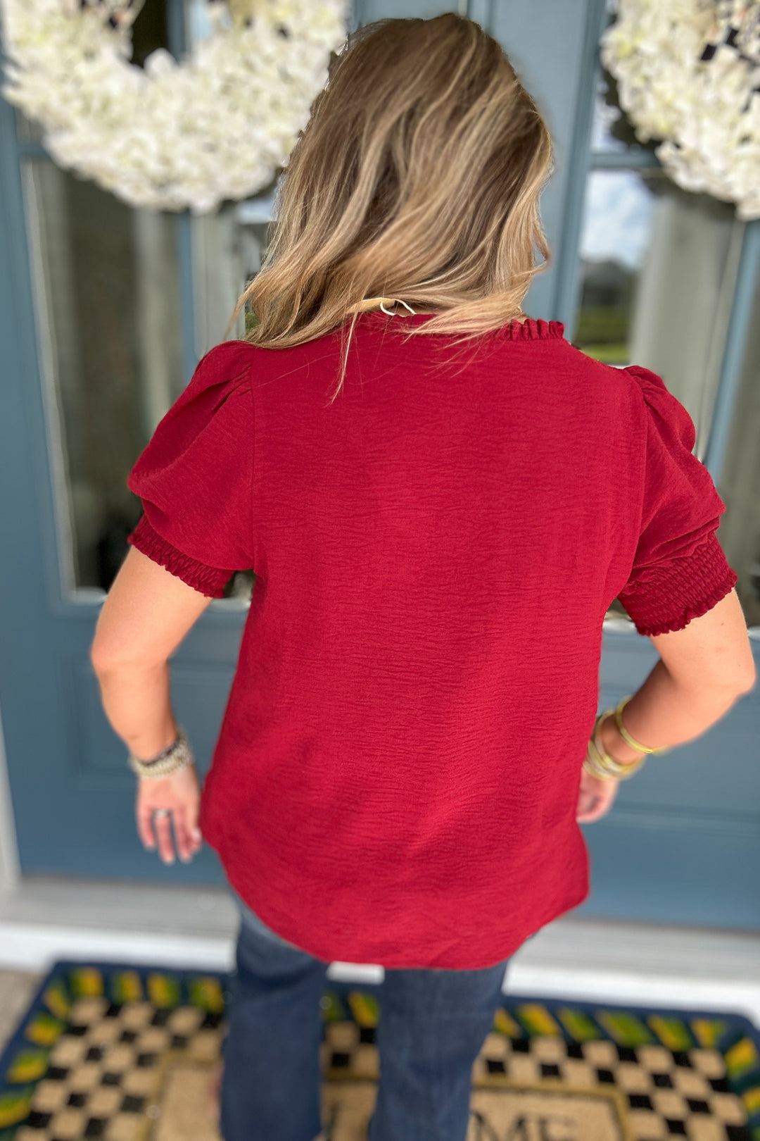 Third Down V-Neck Ruffle Top - Burgundy