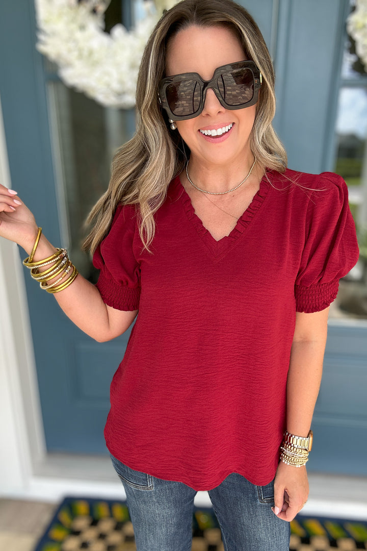 Third Down V-Neck Ruffle Top - Burgundy