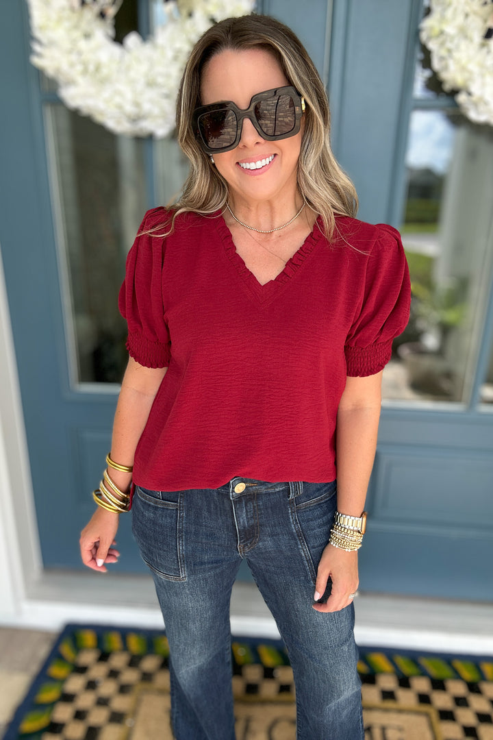 Third Down V-Neck Ruffle Top - Burgundy