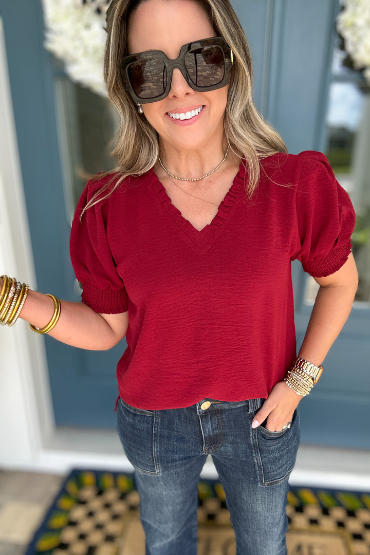 Third Down V-Neck Ruffle Top - Burgundy