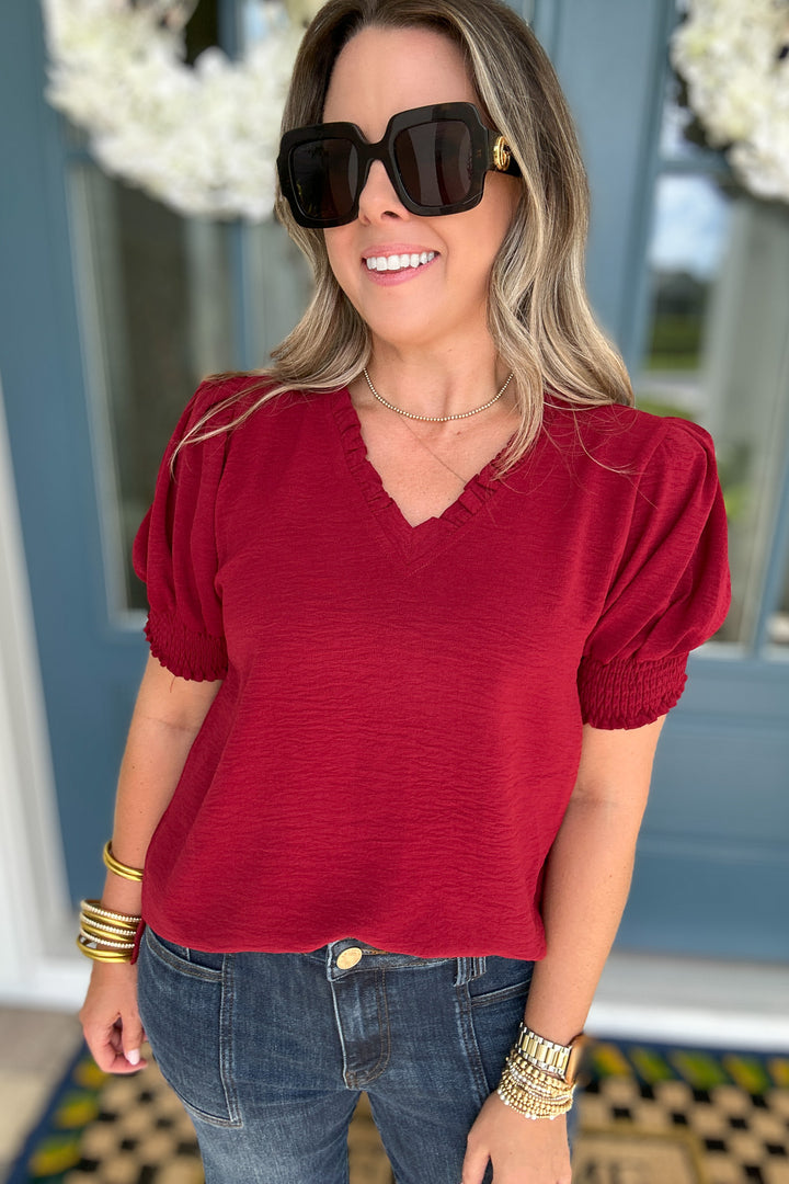 Third Down V-Neck Ruffle Top - Burgundy