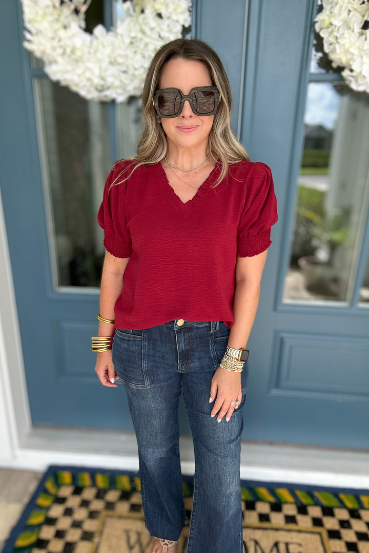 Third Down V-Neck Ruffle Top - Burgundy