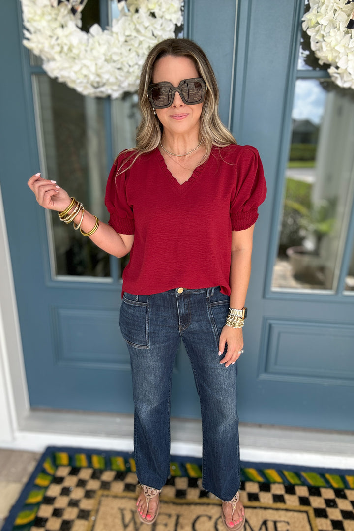 Third Down V-Neck Ruffle Top - Burgundy