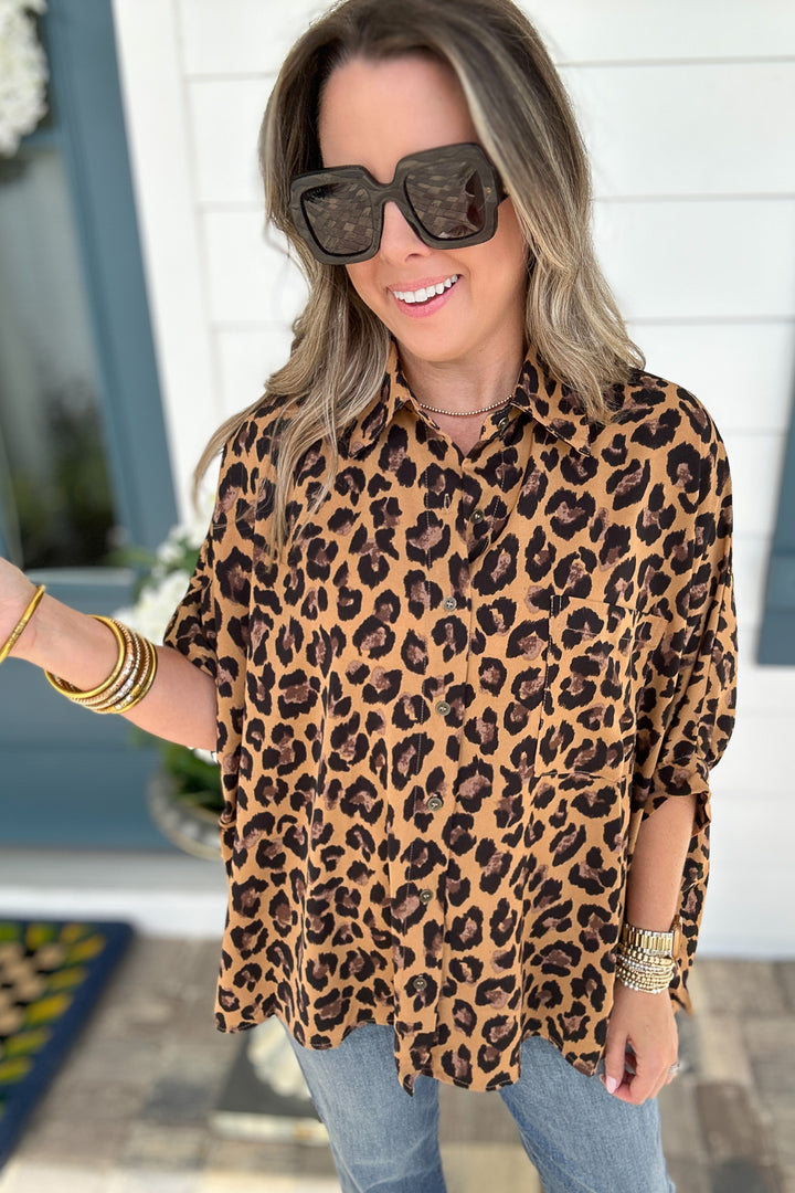 Love The Leopard Button Top - Camel