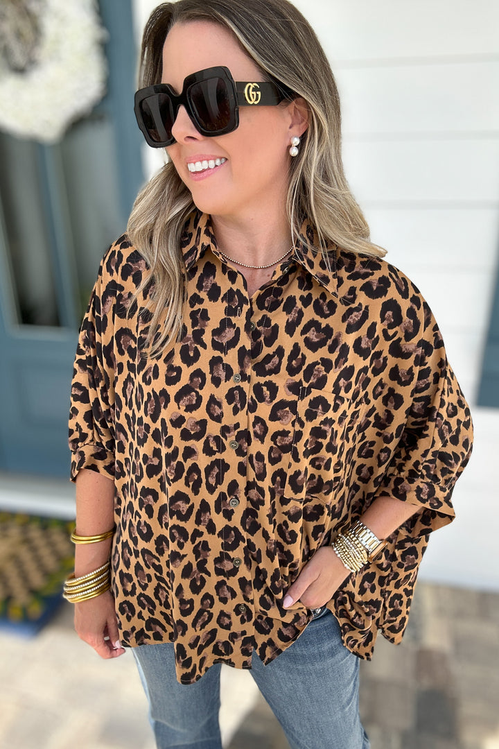 Love The Leopard Button Top - Camel
