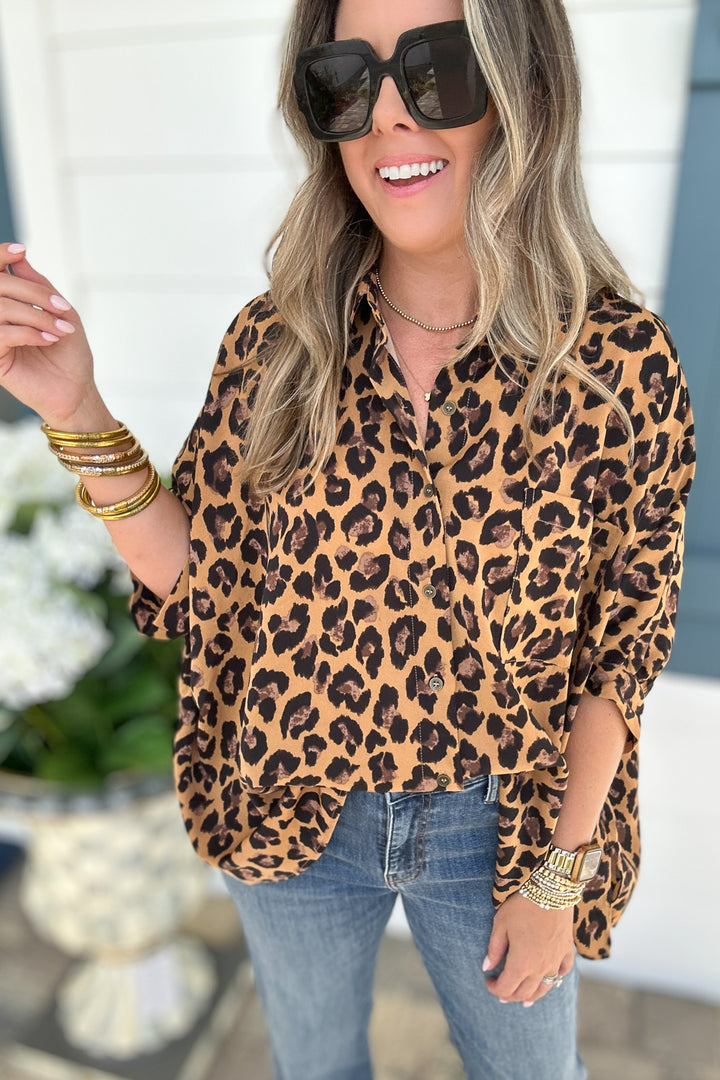 Love The Leopard Button Top - Camel