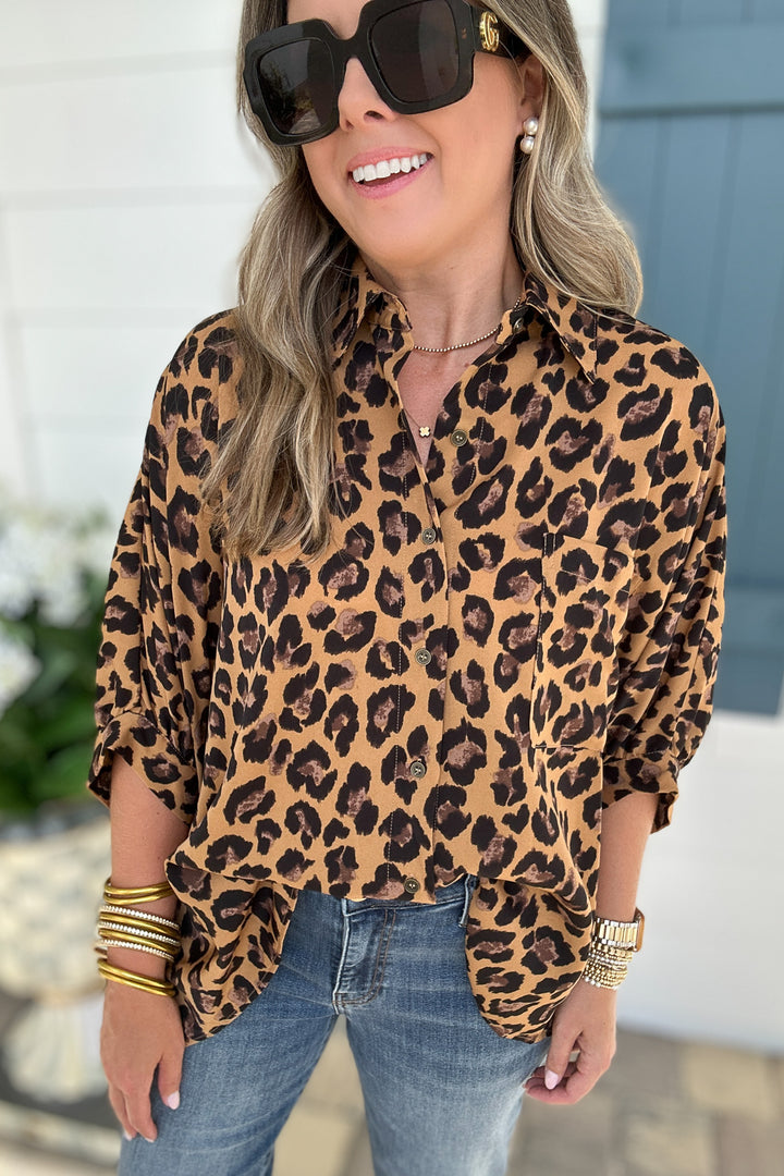Love The Leopard Button Top - Camel