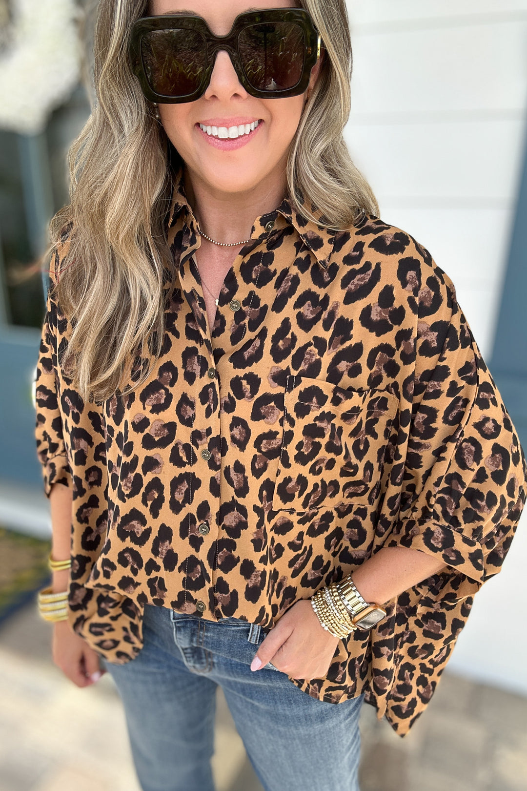 Love The Leopard Button Top - Camel