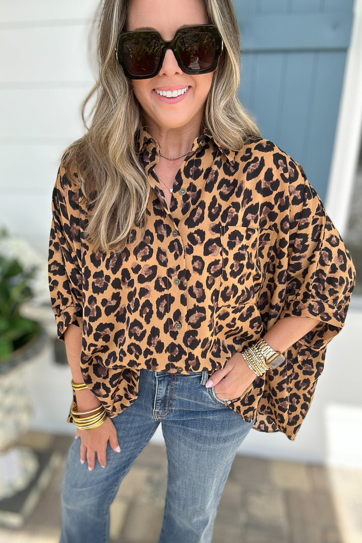 Love The Leopard Button Top - Camel
