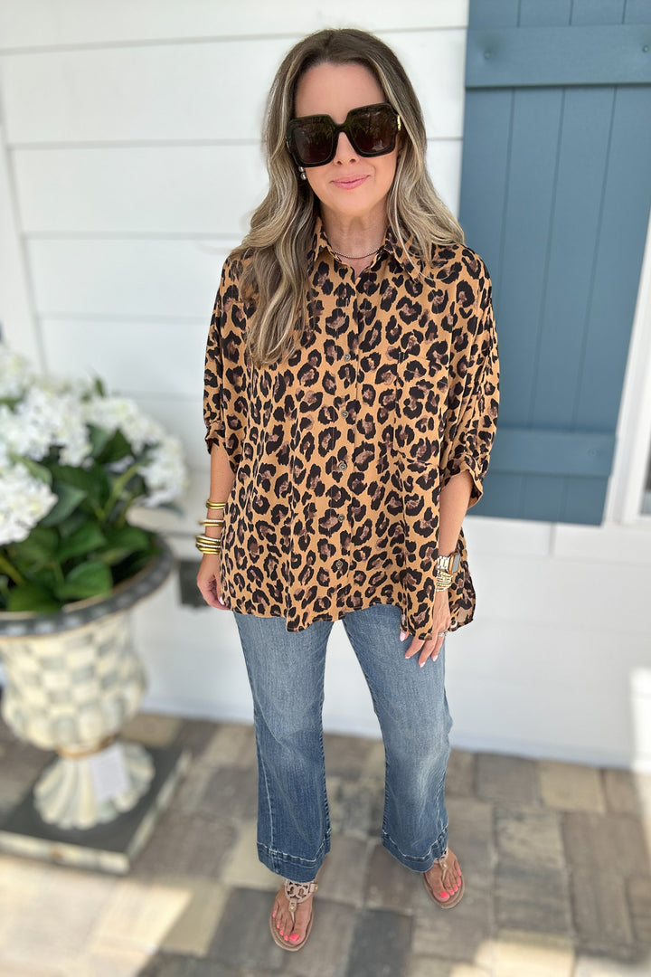 Love The Leopard Button Top - Camel