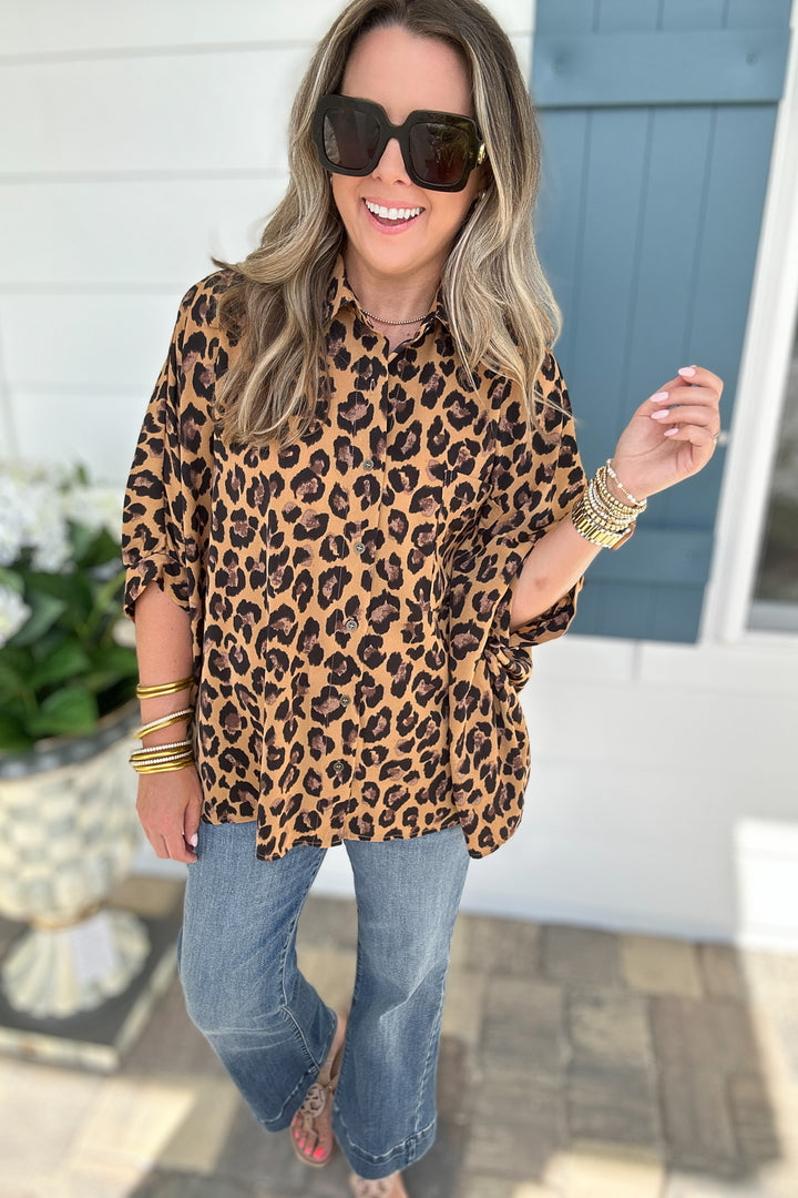 Love The Leopard Button Top - Camel