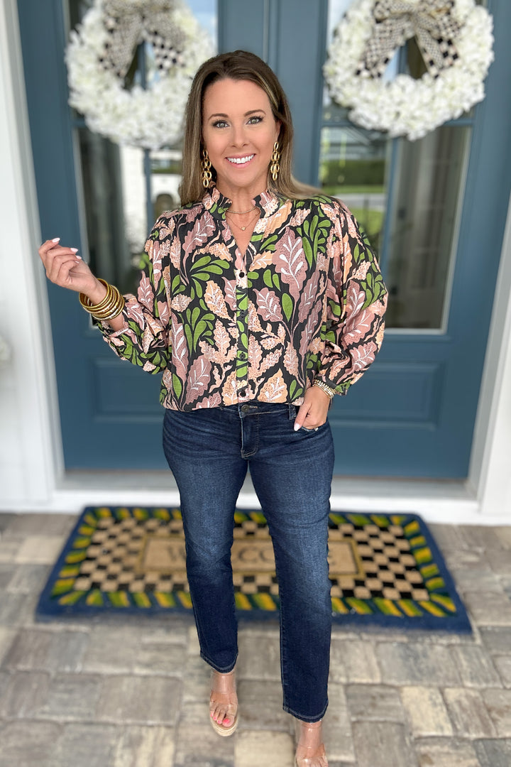 Button Front Leaf Blouse- Black