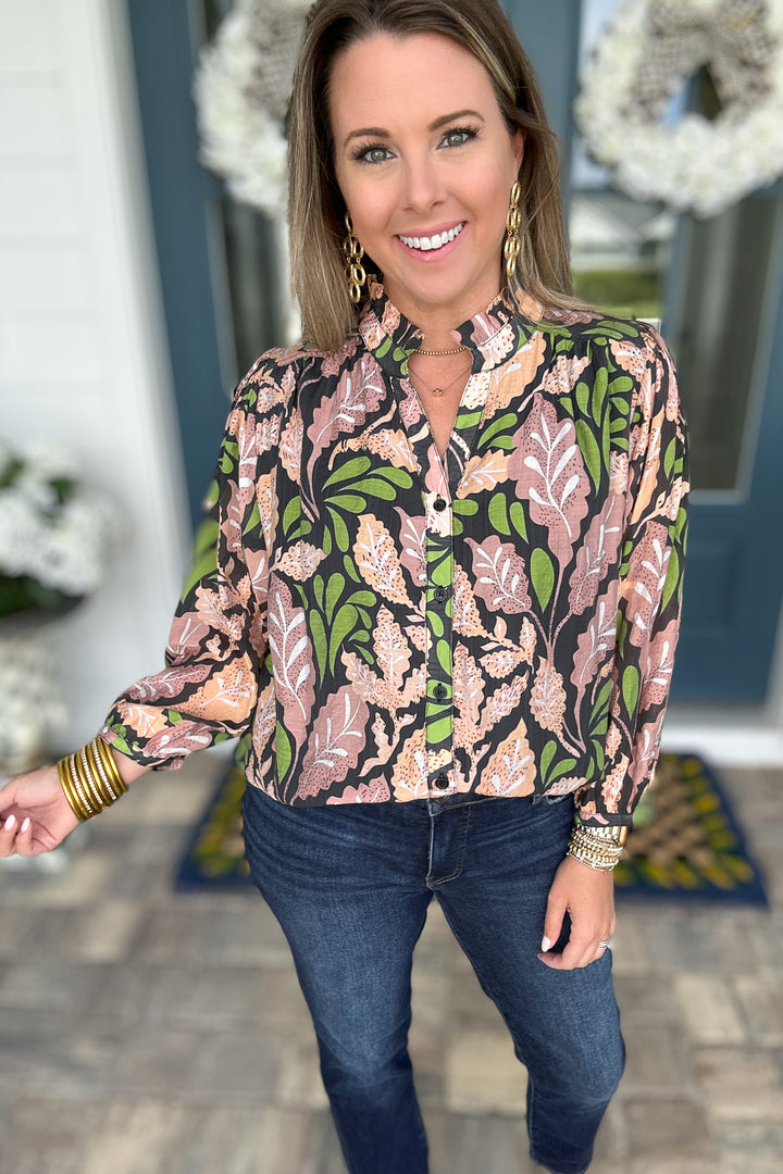 Button Front Leaf Blouse- Black