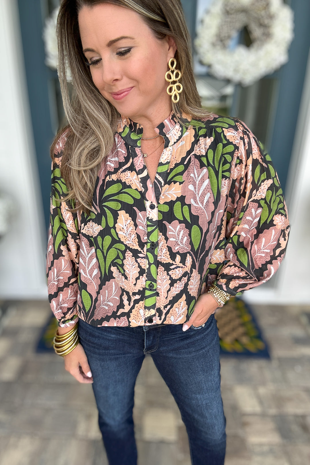 Button Front Leaf Blouse- Black