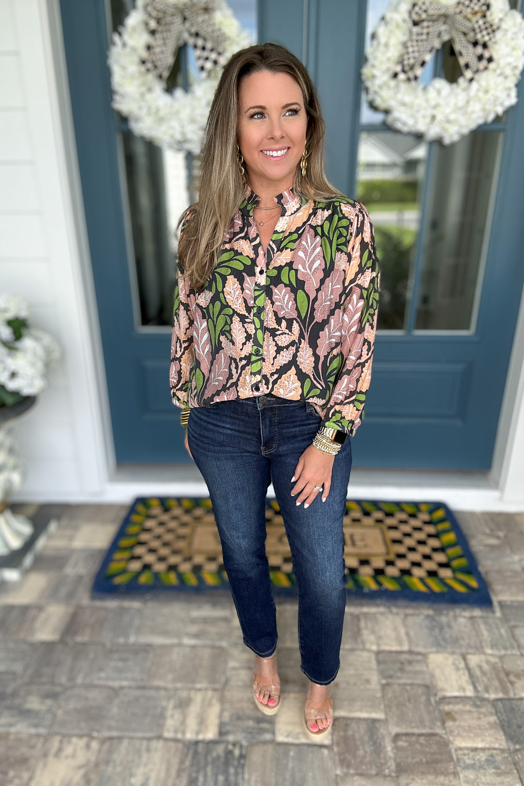 Button Front Leaf Blouse- Black