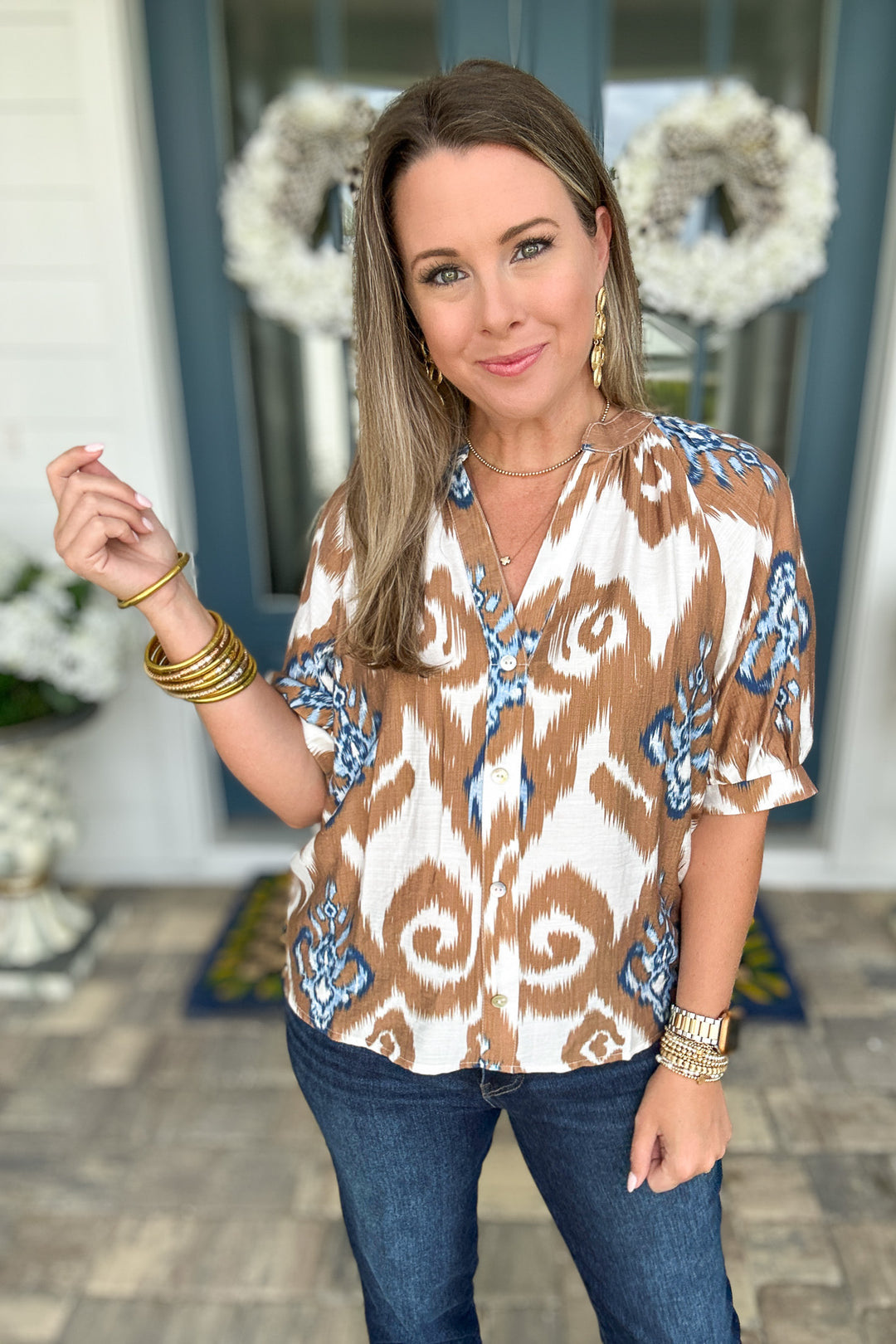 THML: Fall Breeze Ikat Blouse - Brown