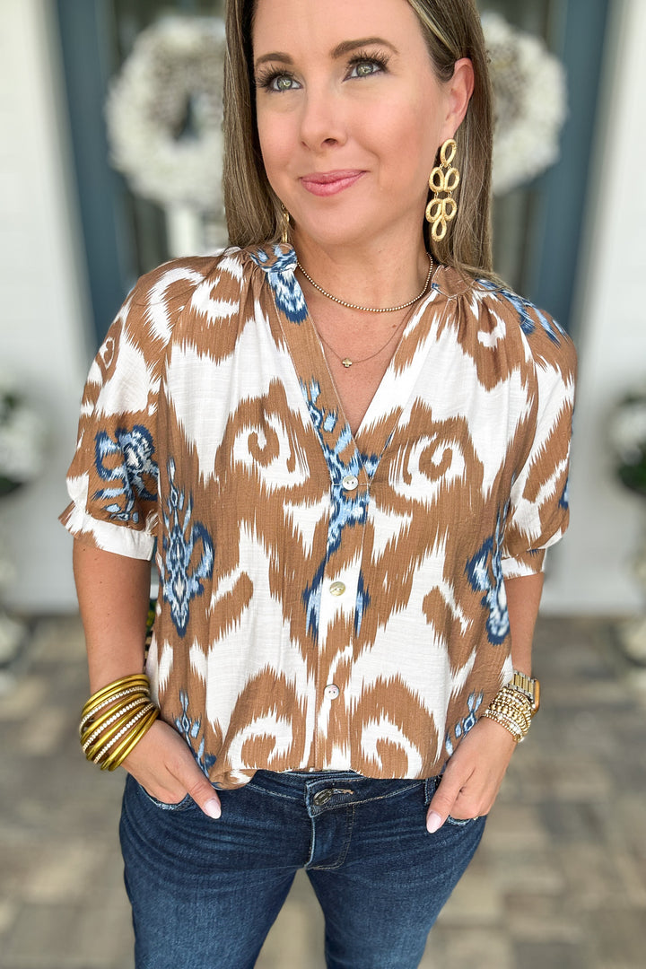 THML: Fall Breeze Ikat Blouse - Brown