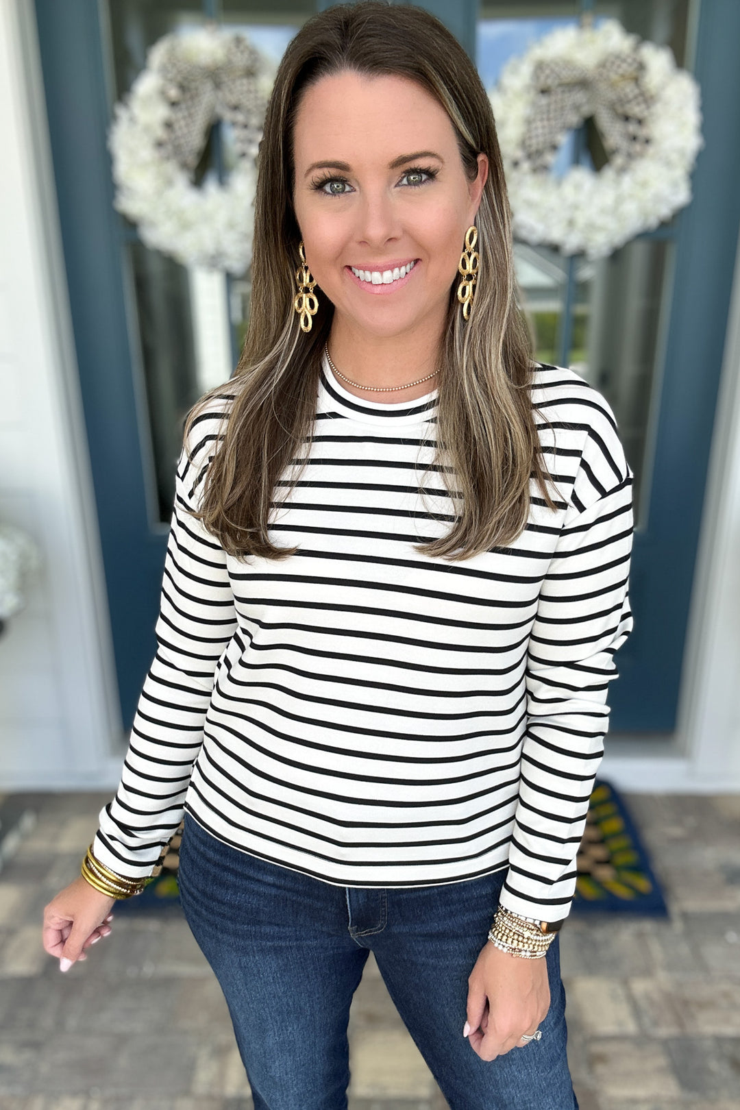 Spanx: AirEssentials Long Sleeve Side Slit Top -Pier Stripe