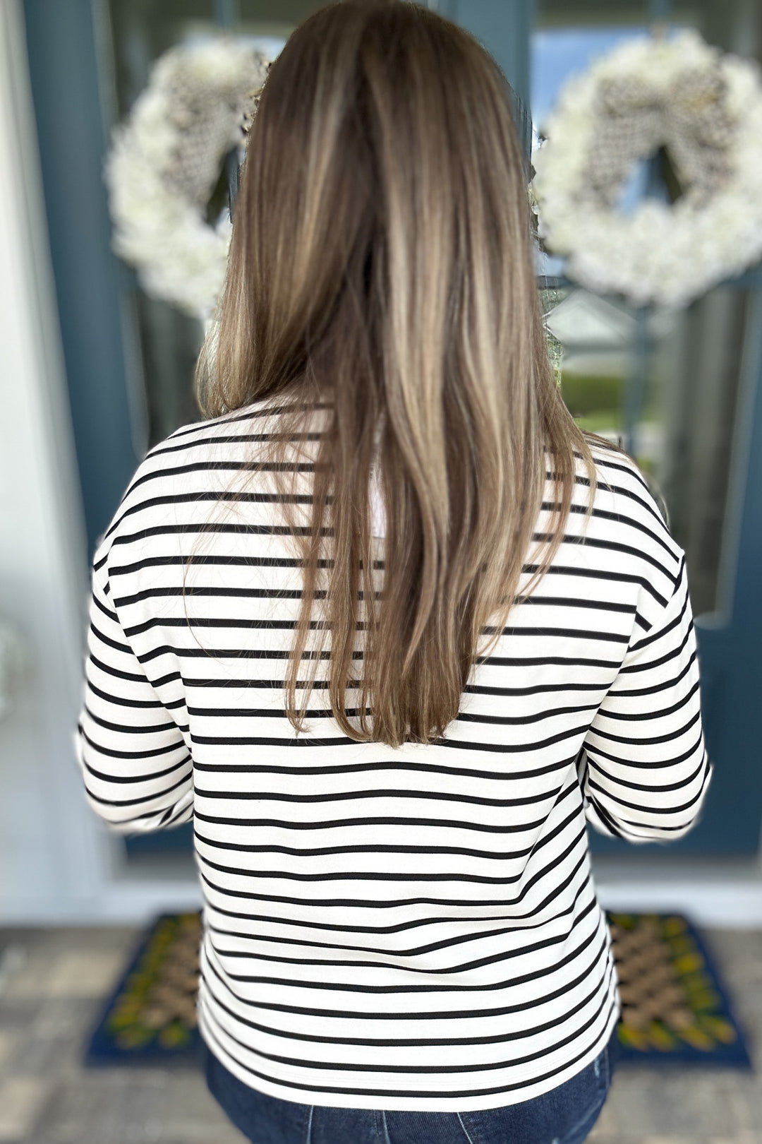 Spanx: AirEssentials Long Sleeve Side Slit Top -Pier Stripe
