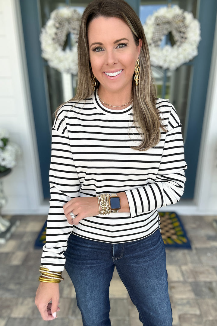 Spanx: AirEssentials Long Sleeve Side Slit Top -Pier Stripe