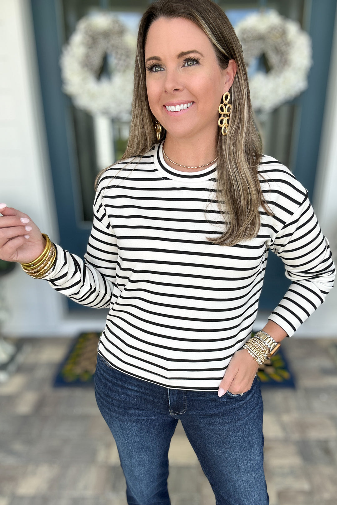 Spanx: AirEssentials Long Sleeve Side Slit Top -Pier Stripe