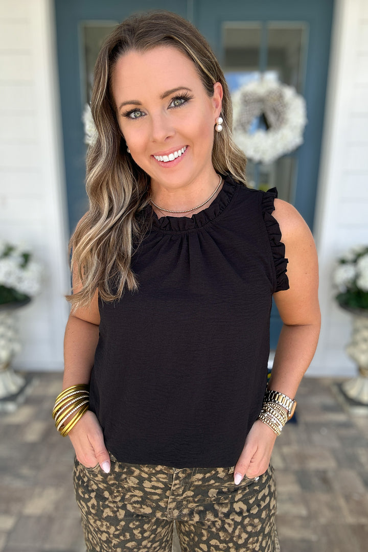 Sleeveless Ruffle Mock Neck Top - Black