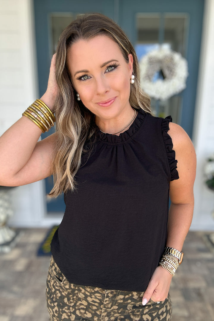 Sleeveless Ruffle Mock Neck Top - Black