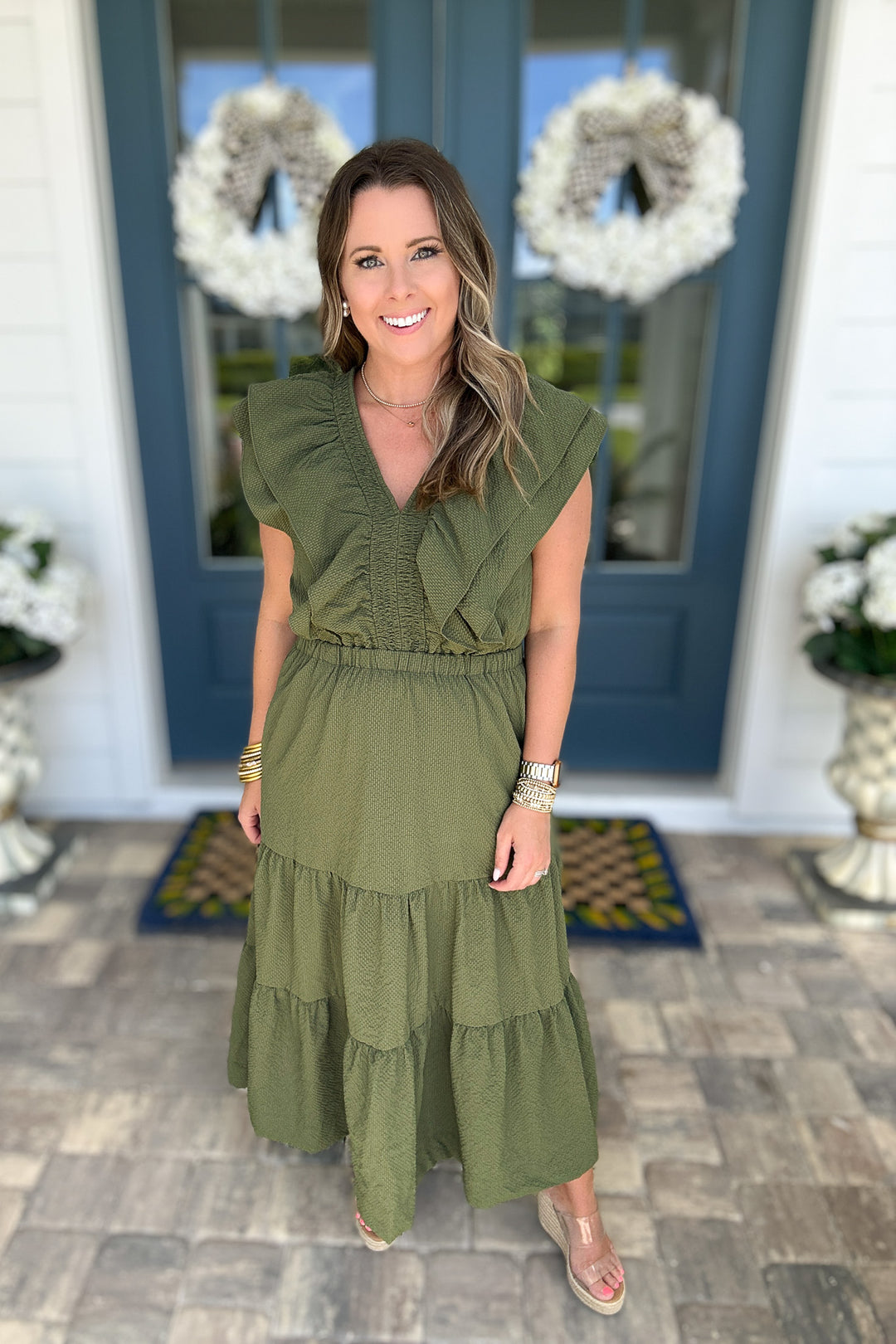 THML: Ruffle Dream Midi Dress - Hunter Green B Social Boutique THML: Ruffle Dream Midi Dress - Hunter Green B Social Boutique